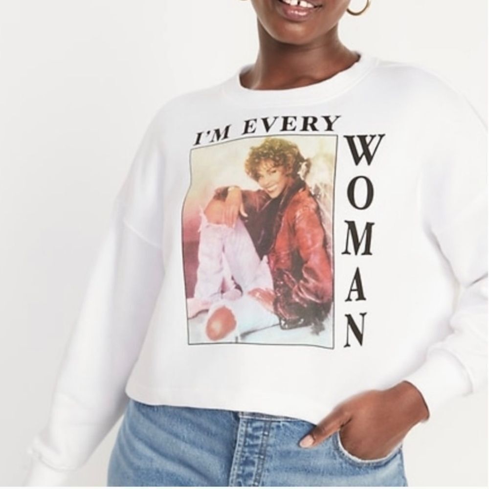 Whitney Houston White Graphic Sweatshirt - I'm Every Woman Cropped Xl
